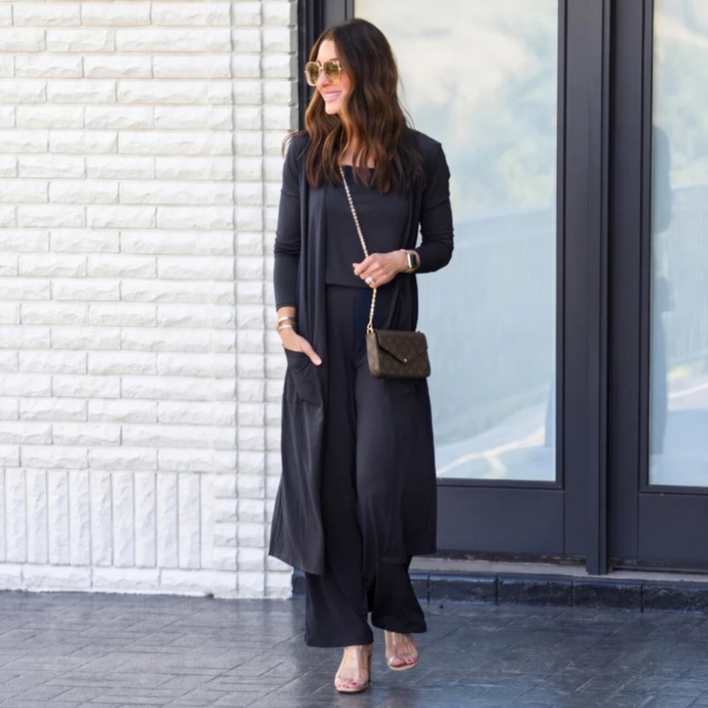 Brigitte Brianna Essential Set - Black Women’s Pants, Top, and Duster